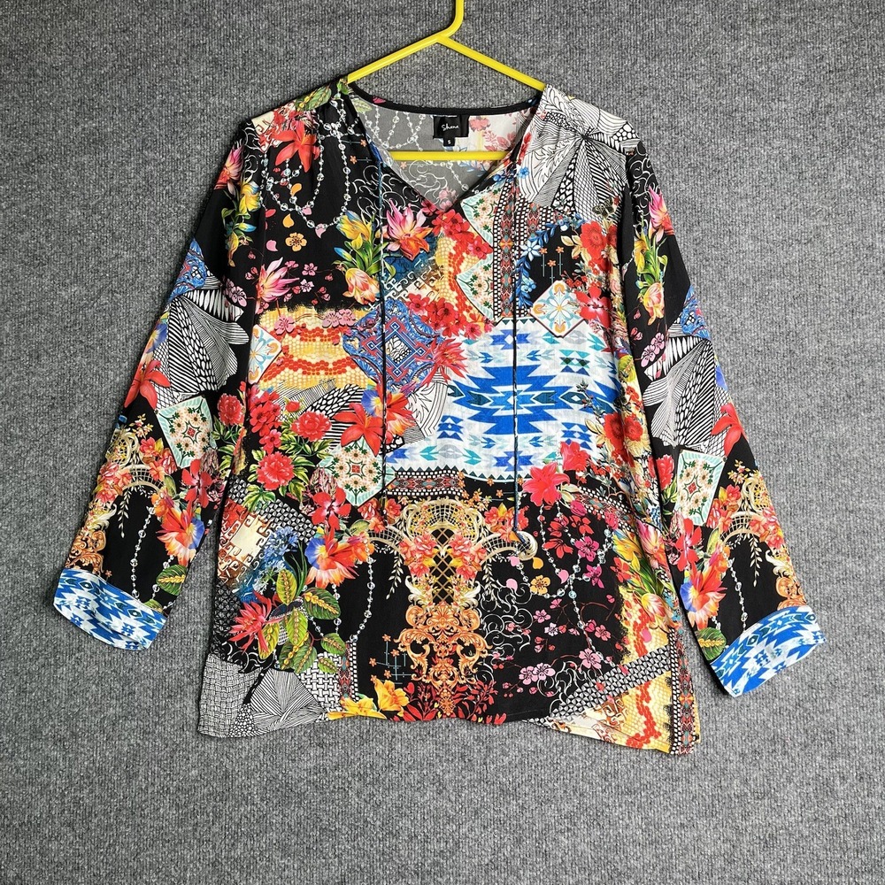Shana Top Blouse Small Bohemian Viscose‎ Silk Abstract Floral Colorful